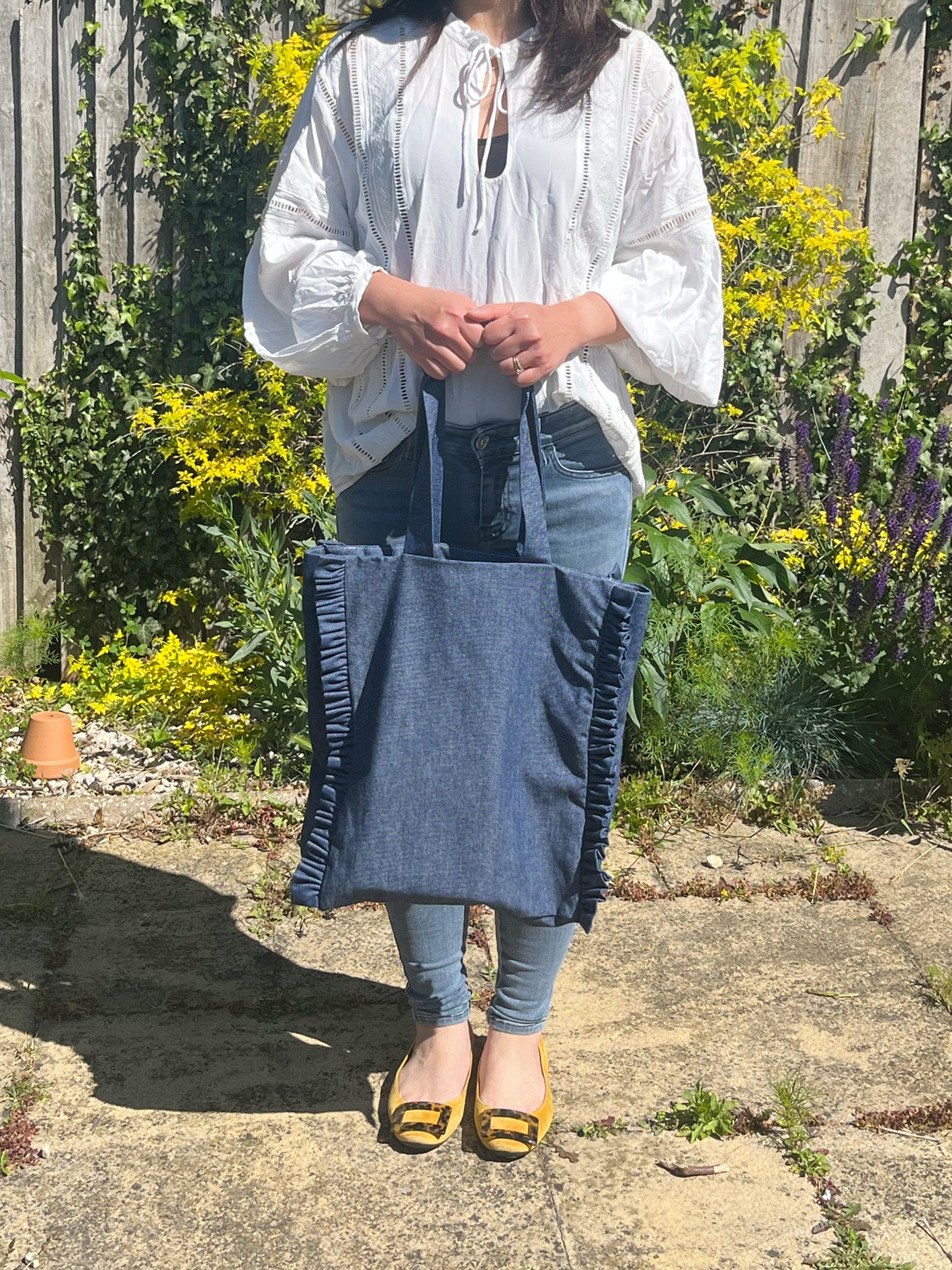 Handmade Denim Ruffle Tote Bag