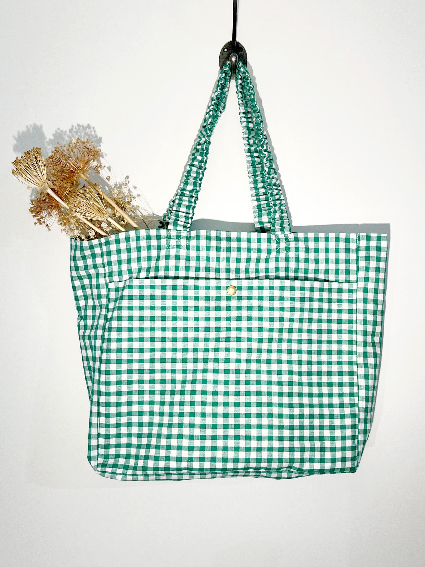 Handmade Green Check Cotton Tote Bag