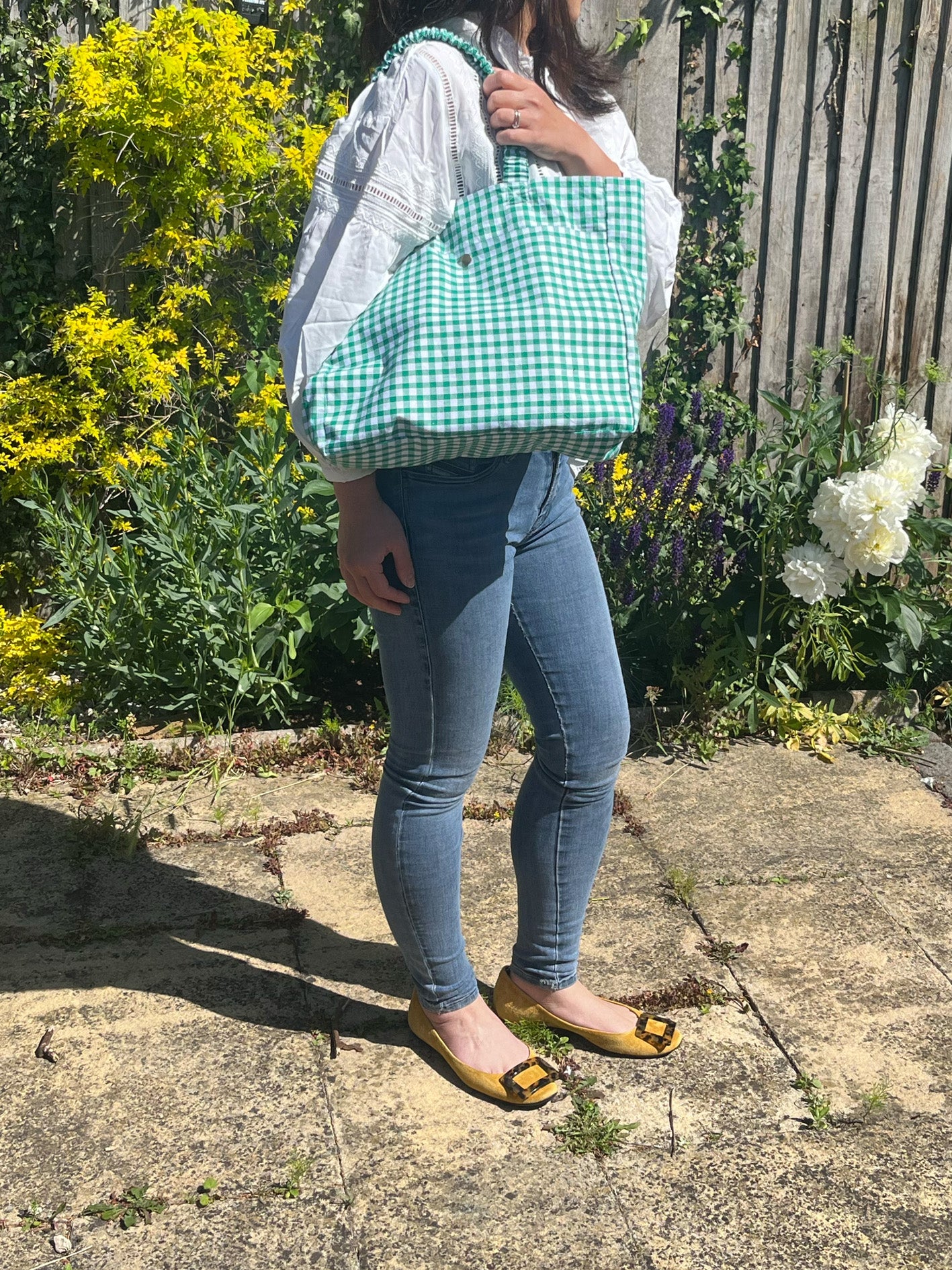 Handmade Green Check Cotton Tote Bag