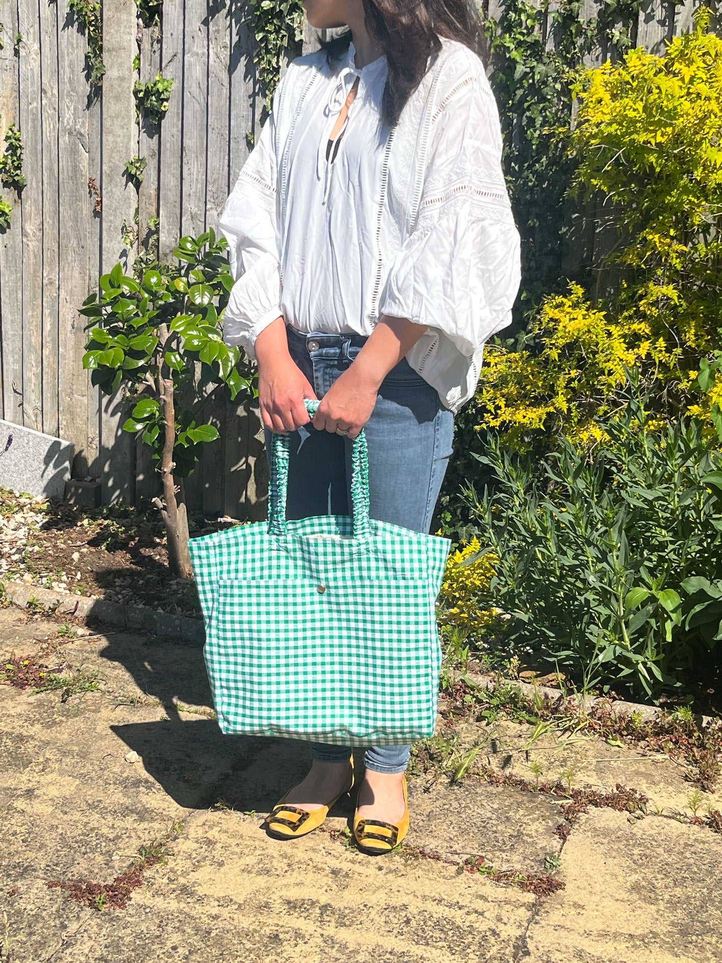 Handmade Green Check Cotton Tote Bag