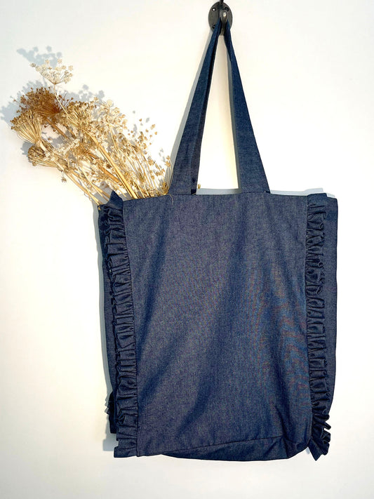Handmade Denim Ruffle Tote Bag