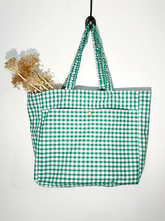 Handmade Green Check Cotton Tote Bag