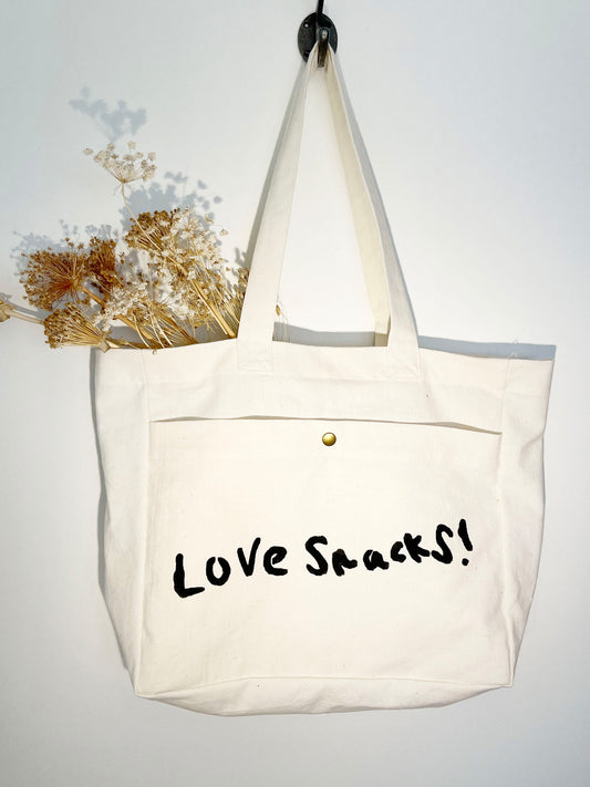 Handmade Vintage Cotton Tote Bag - Love Snacks!