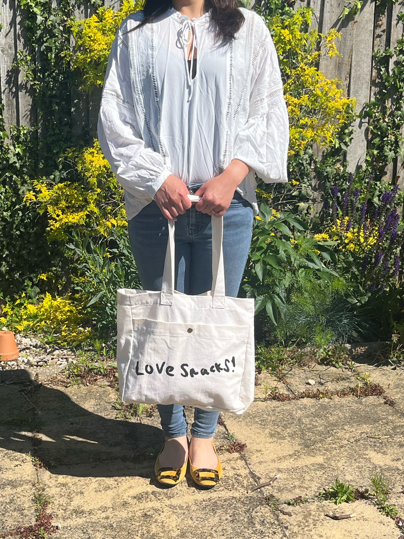 Handmade Vintage Cotton Tote Bag - Love Snacks!